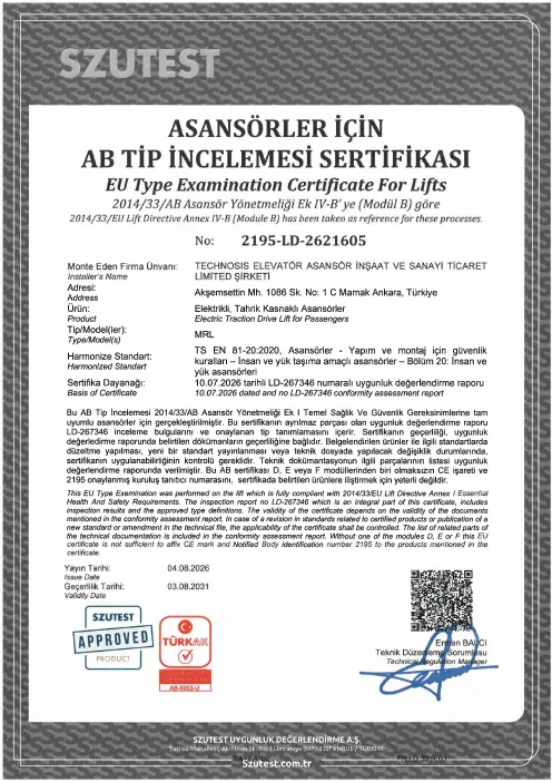 AB Tip İnceleme Sertifikası – Modül B (Makine Dairesiz, MRL)